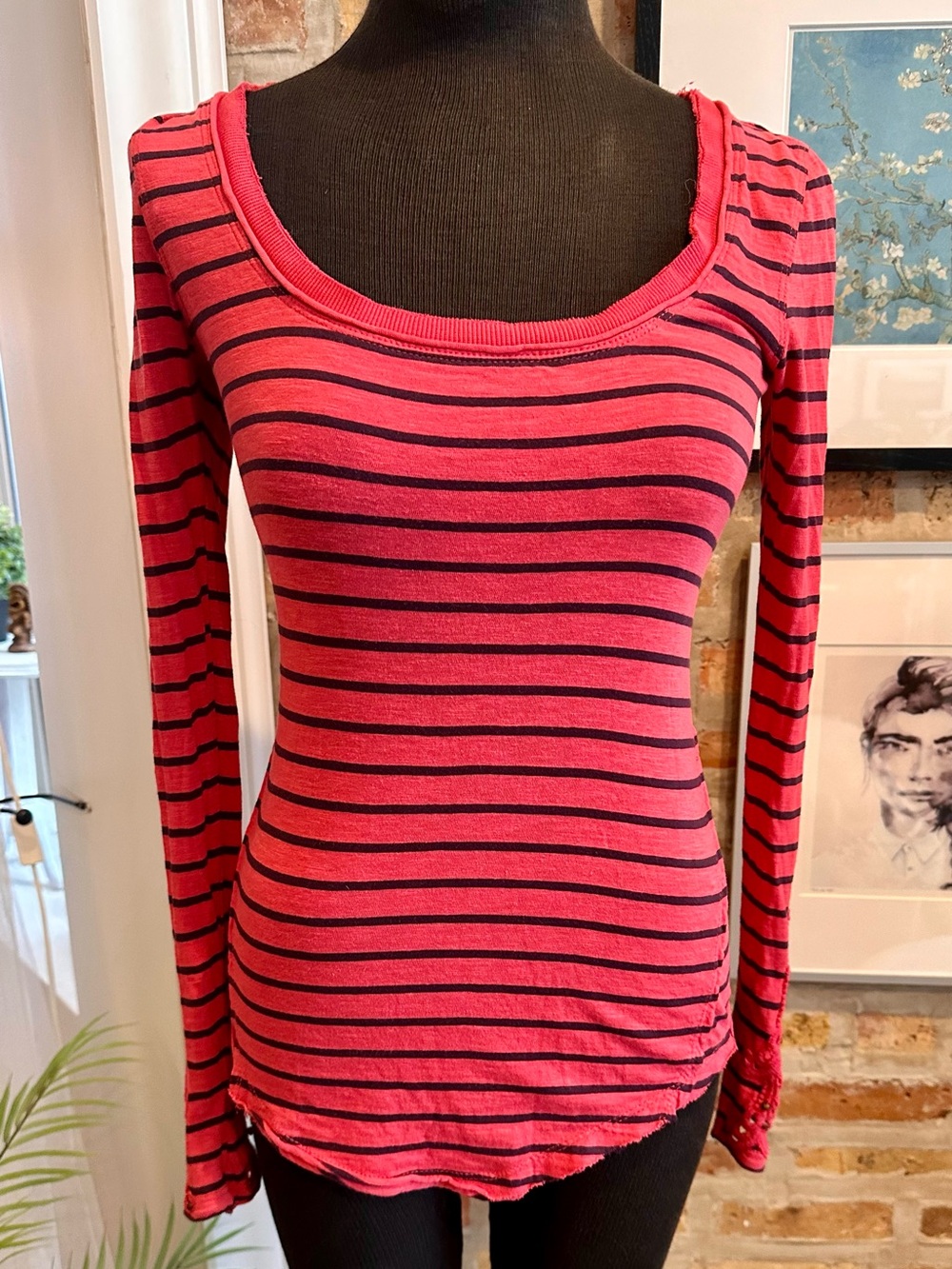 Free People Red and Black Striped Long-Sleeve Scoop Neck Top with crochet detail